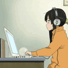 Animated girl with headphones typing on computer.
