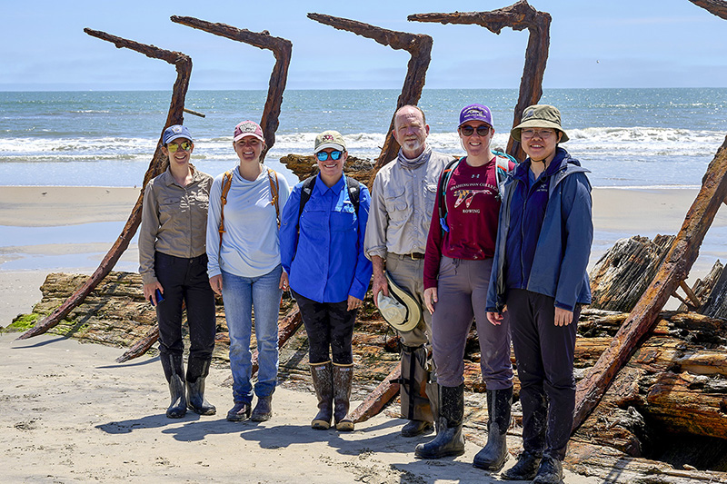 From left to right: Jennifer Walker, guest lecturer and assistant professor at Rowan University; Meadow Noonan, VIMS ESL outreach and education coordinator; Stacy Krueger-Hadfield, associate professor and ESL assistant director; Richard Snyder; professor and ESL director; Emma Dodsworth, M.S. student and field course teaching assistant; and Xuqing Chen, Ph.D. student and field course teaching assistant. Not pictured: Mark Brush, professor and instructor for the ESL field course. Photo by James Loving.