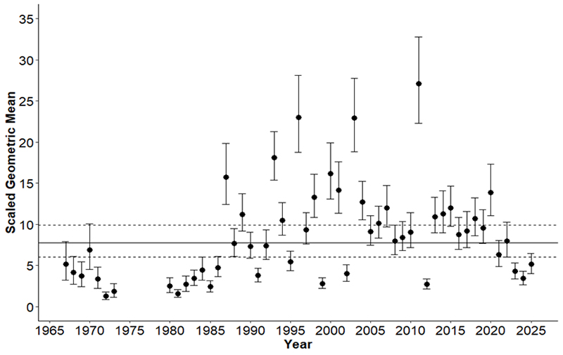 Scaled geometric mean of young-of-the-year striped bass in the primary nursery areas of Virginia (index stations) by year. Vertical bars are 95% confidence intervals as estimated by + 2 standard errors of the mean. Horizontal lines indicate historical geometric mean (solid) and confidence intervals (dotted) for 1967-2025.