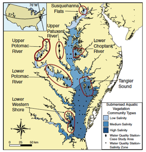 The study area comprised the entire Chesapeake Bay, 3 different salinity zones, and 7 smaller case-study areas. Map courtesy Robert Orth.